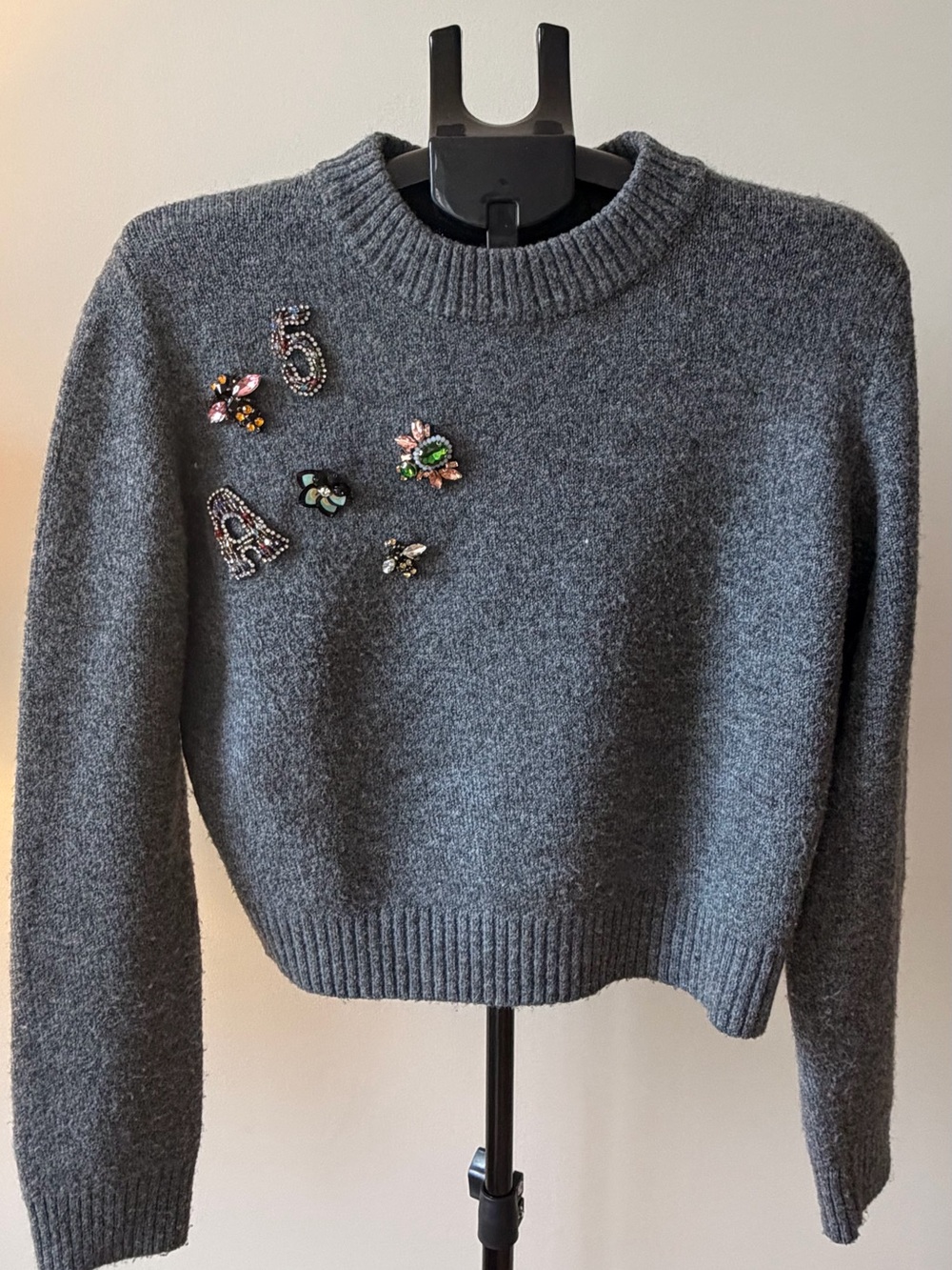 Zara Charcoal Crewneck Sweater with Multicolor Jewel Patches